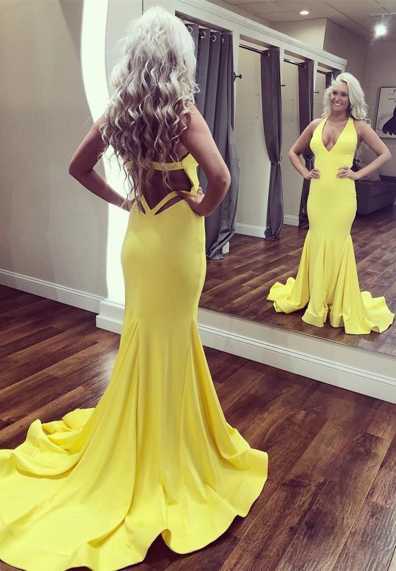 Gorgeous V Neck Yellow Mermaid Long Evening Dress Prom Dresses   cg13891