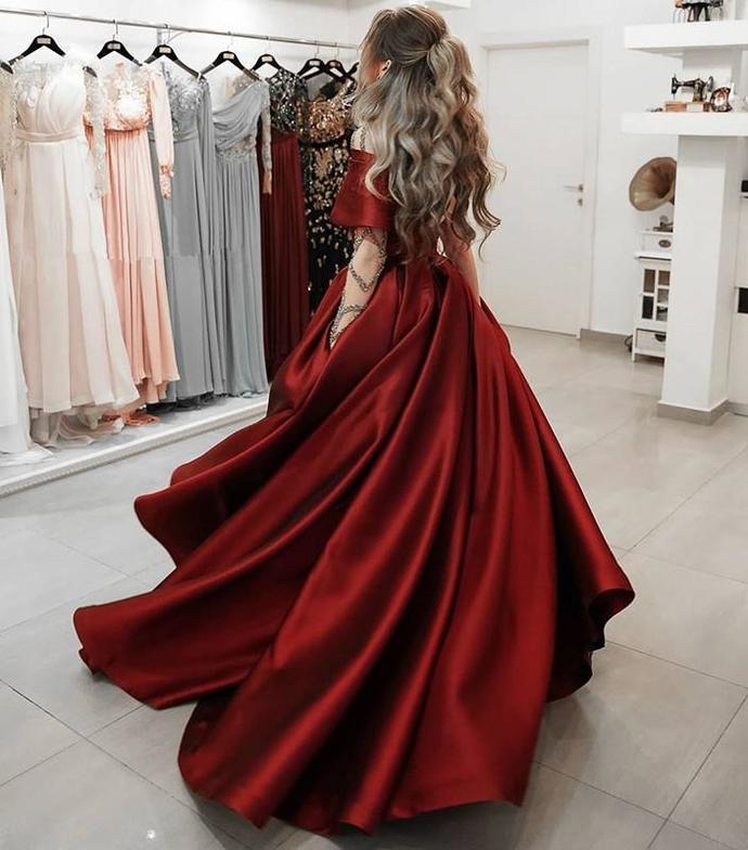 red prom dresses one shoulder side slit satin dark red floor length satin long evening dress   cg13918