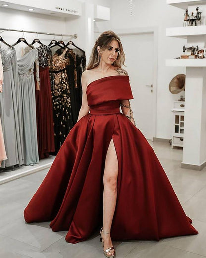 red prom dresses one shoulder side slit satin dark red floor length satin long evening dress   cg13918