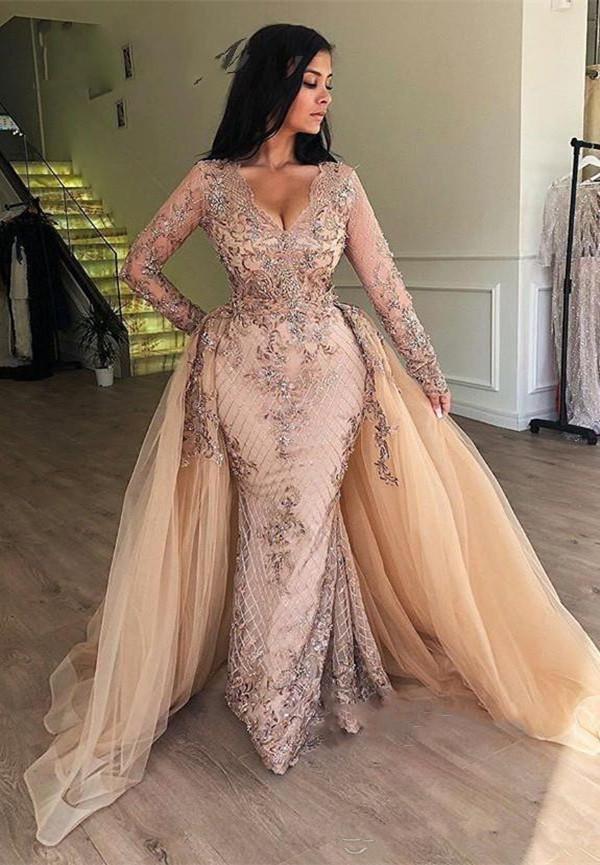 champagne prom dresses 2021 long sleeve detachable skirt lace beaded floor length evening dresses gowns   cg13920