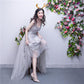 Light Grey Lace Appique Long V-Neckline Party Dress, A-Line Tulle Prom Dress Bridesmaid Dress   cg13926