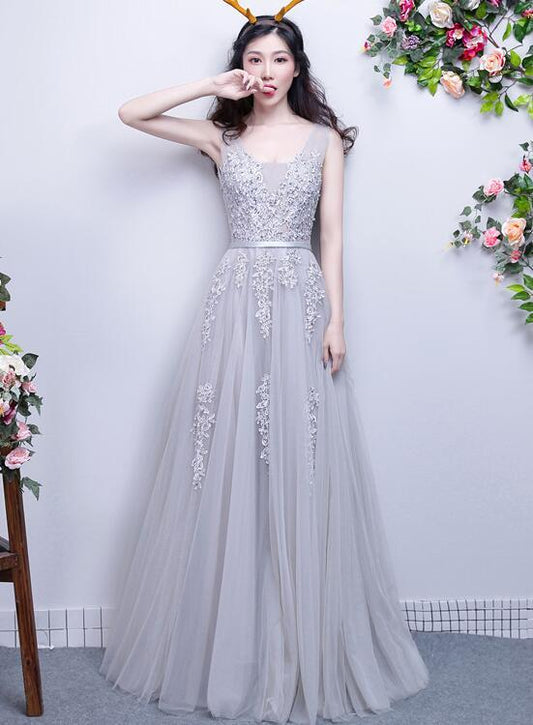 Light Grey Lace Appique Long V-Neckline Party Dress, A-Line Tulle Prom Dress Bridesmaid Dress   cg13926