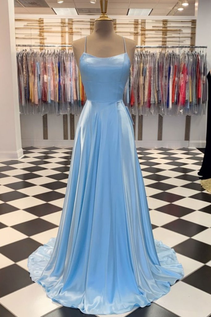 SIMPLE BLUE SATIN LONG PROM DRESS BLUE LONG EVENING DRESS   cg13930