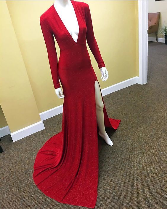 Long Sleeves V Neck Prom Dress With Slit    cg13939