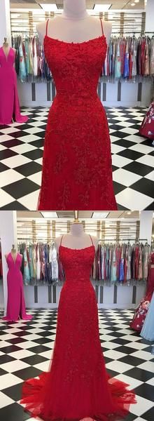 Red lace long prom dress, mermaid evening dress cg1396