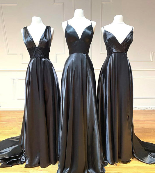 BLACK SATIN LONG PROM DRESS BLACK EVENING DRESS    cg13963