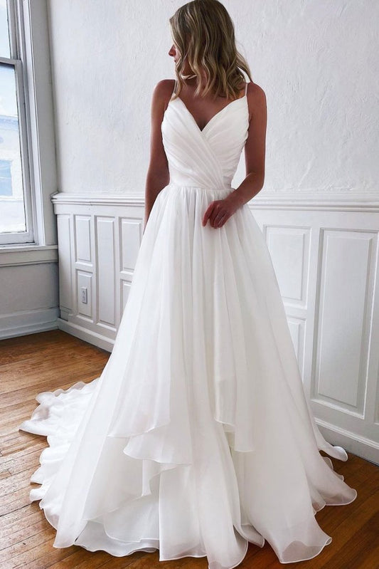 SIMPLE WHITE V NECK TULLE LONG PROM DRESS WHITE TULLE FORMAL DRESS   cg14016