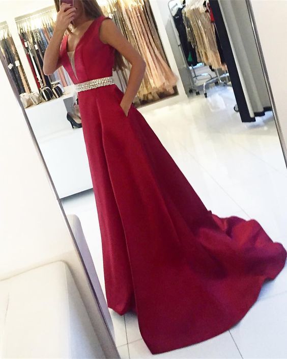 Long Deep V Neck Satin Evening prom Dress With Beaded Waist And Pockets    cg14019