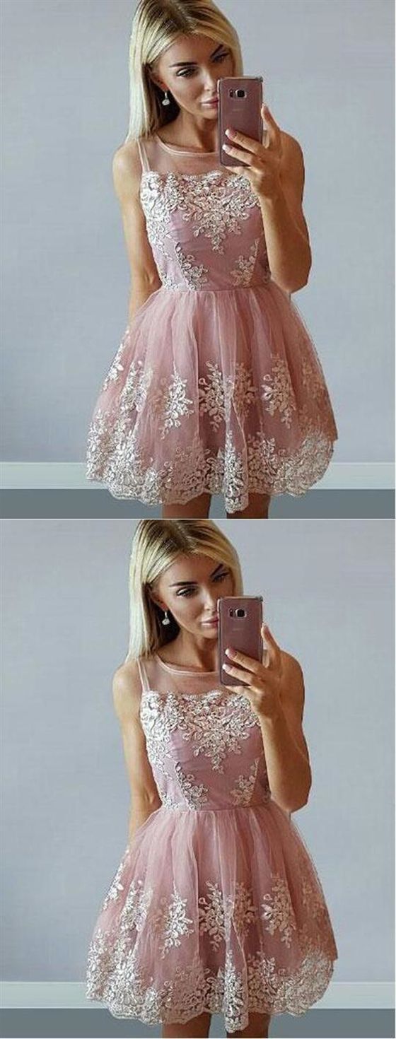 Pink Lace Sleeveless A Line Cocktail Dresses Cheap Homecoming Dresses   cg14035