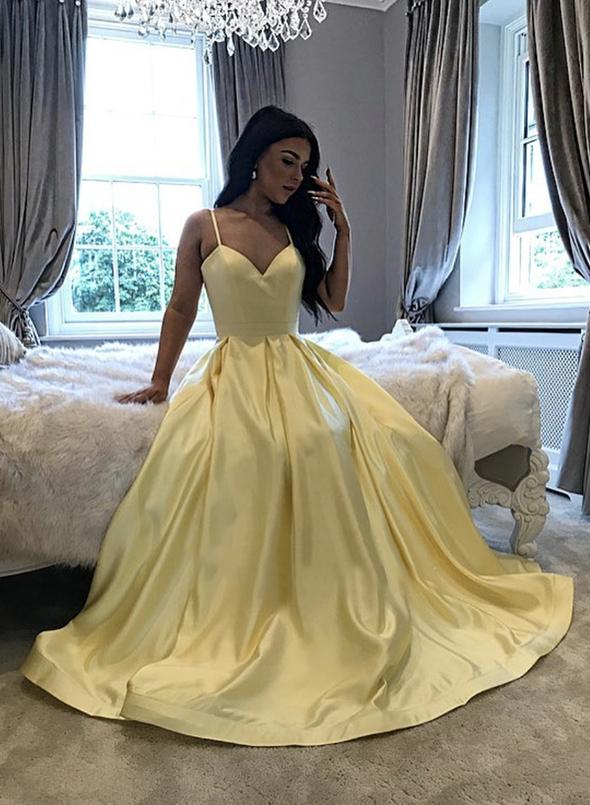 Yellow satin long prom dress yellow evening dress   cg14082