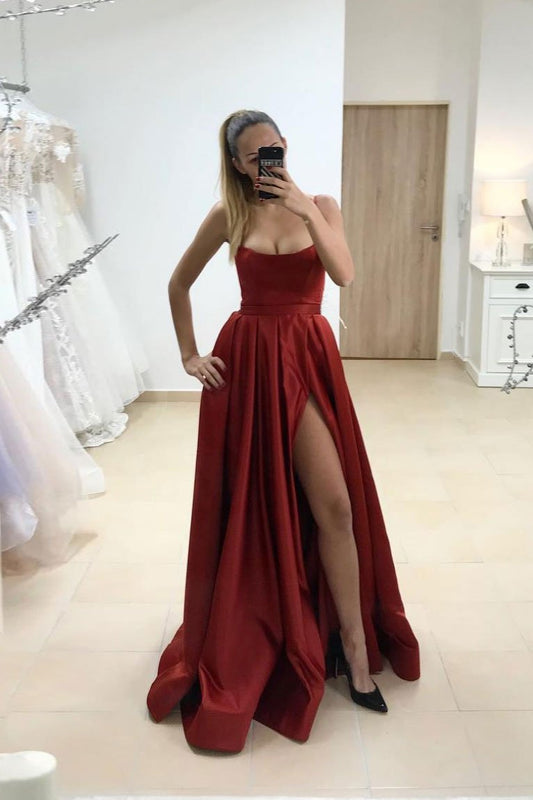 Simple satin burgundy long prom dress burgundy evening dress   cg14122