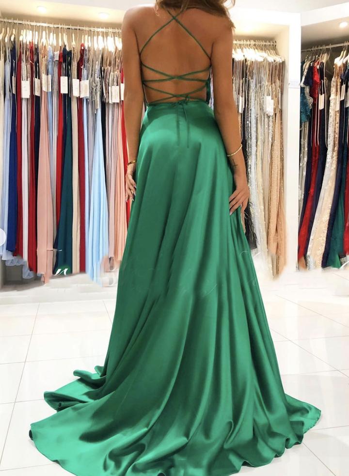 Green satin long prom dress simple evening dress   cg14169