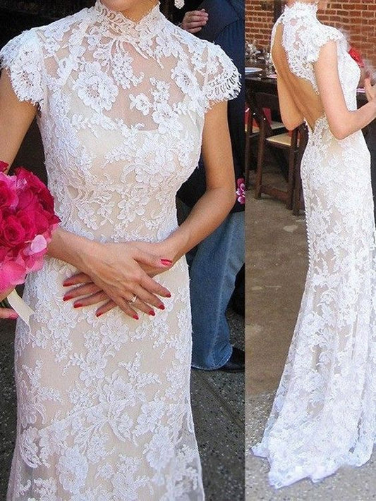 Illusion High Collar Column Lace Wedding Dress with Open Back High Neck Lace Mermaid Wedding Dresses prom dress   cg14192