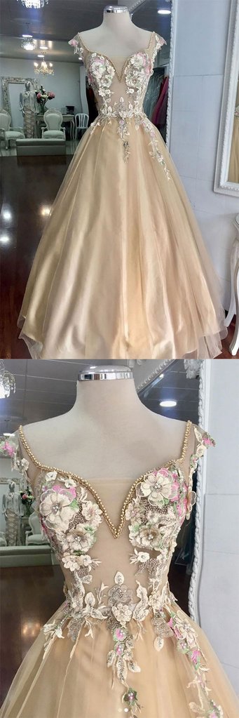 CHAMPAGNE TULLE LACE FLOWER LONG PROM DRESS, EVENING DRESS cg1420