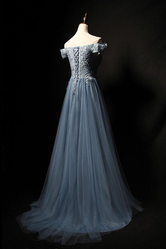 BLUE TULLE LACE LONG PROM DRESS, BLUE TULLE FORMAL DRESS cg1422