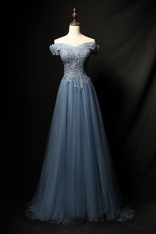 BLUE TULLE LACE LONG PROM DRESS, BLUE TULLE FORMAL DRESS cg1422