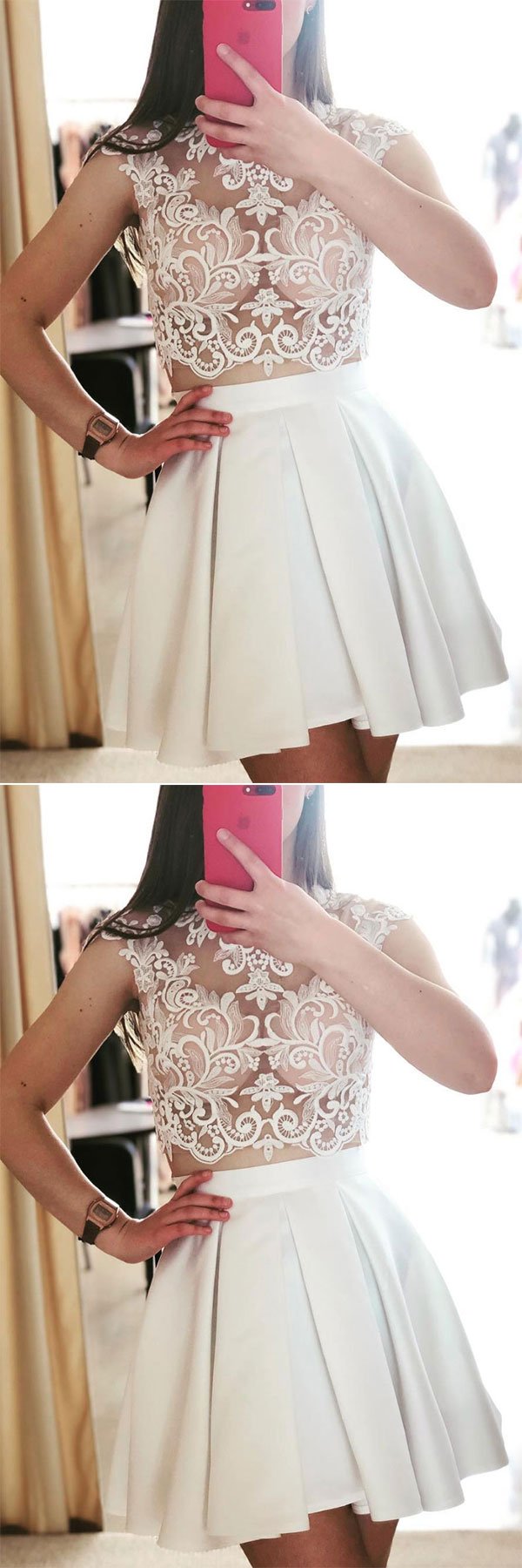 Cute white two pieces lace short  dress, white homecoming dress cg1424