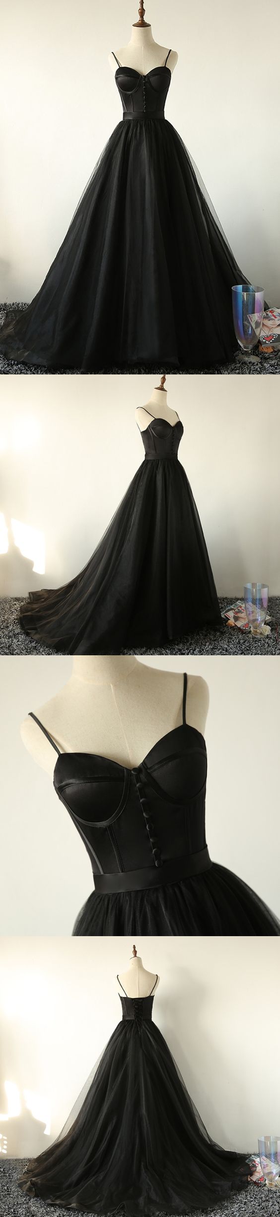 Ball Gown Spaghetti Straps Black Tulle Prom Dress Long Brush/Sweep Train Prom/Evening Dress  cg1429