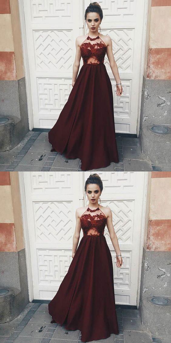 Fashion Halter Burgundy Lace Appliques A Line Prom Dresses Evening Formal Party Dress    cg14364