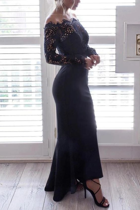 Black Off Shoulder Lace Mermaid Long Sleeves Long Prom Gown    cg14390