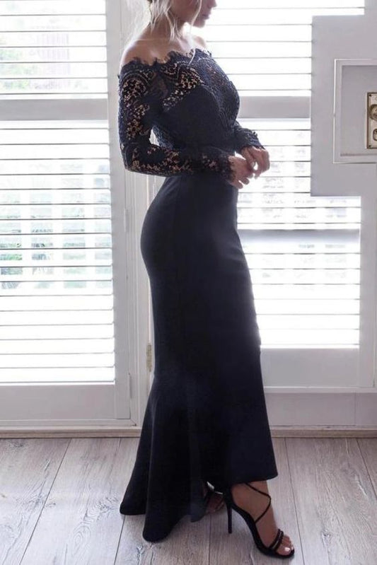 Black Off Shoulder Lace Mermaid Long Sleeves Long Prom Gown    cg14390