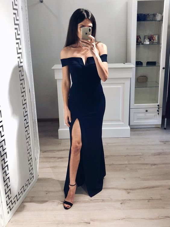 Off Shoulder Black Prom Dresses, Off Shoulder Black Floor Length Evening Formal Graduation Dresses   cg14391