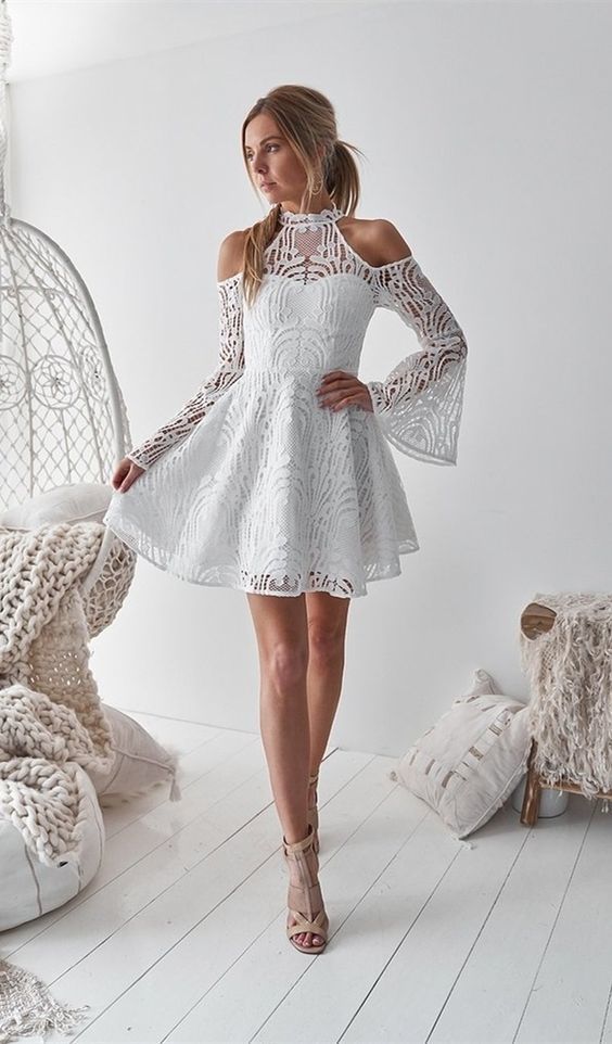 A-Line High Neck Bell Sleeves Cold Shoulder Above-Knee White Homecoming Dress cg1443