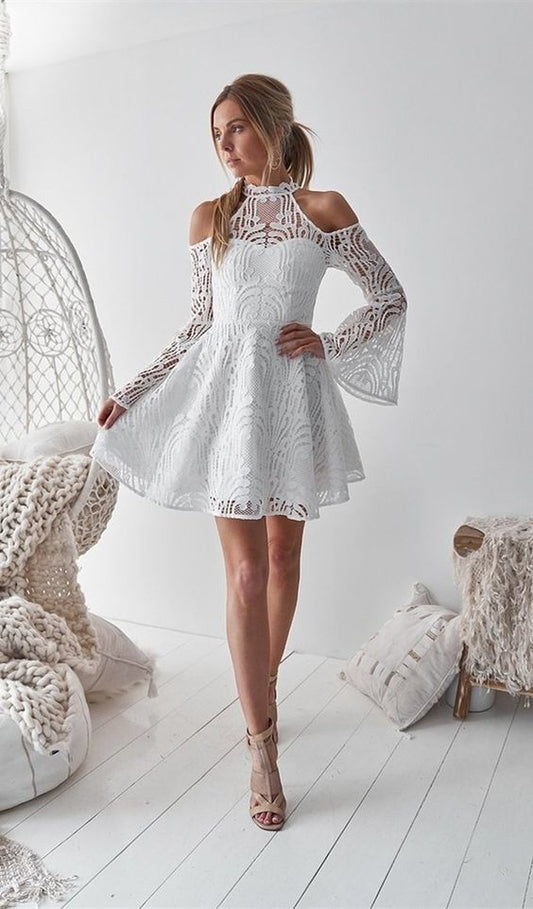 A-Line High Neck Bell Sleeves Cold Shoulder Above-Knee White Homecoming Dress cg1443