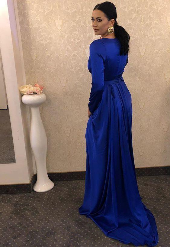 Royal Blue Long Sleeves Prom Dress With Split   cg14439