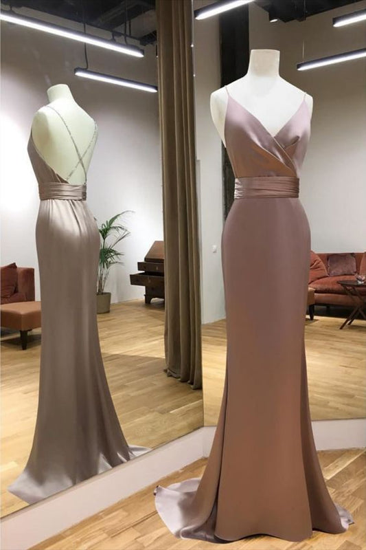 Backless Dusty Rose V-Neck Satin Mermaid Long Prom Dress   cg14448