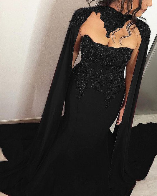 Vintage Black Mermaid Wedding Dress With Cape Prom Dresses    cg14462
