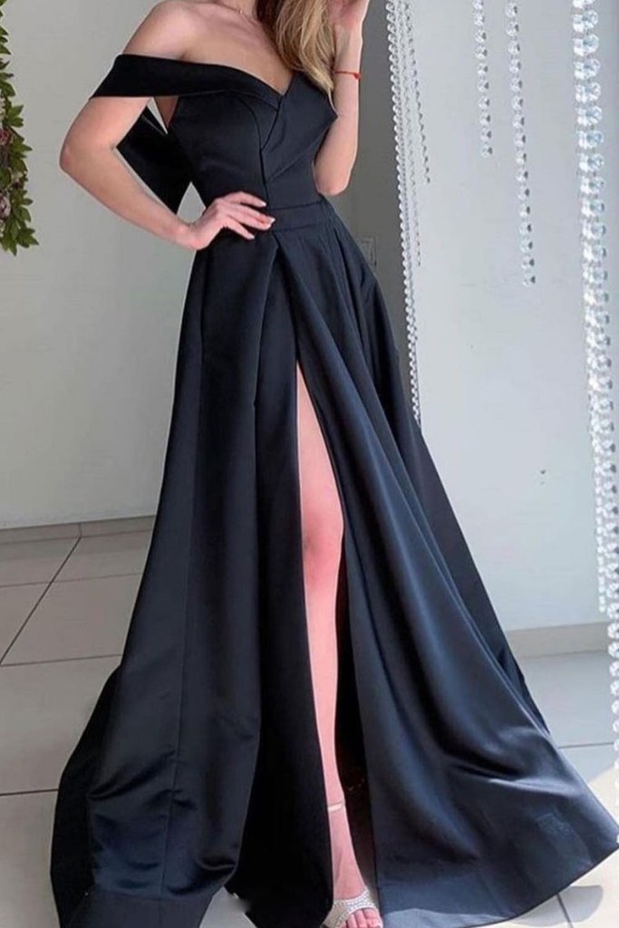 SIMPLE BLACK SATIN LONG PROM DRESS BLACK SATIN EVENING DRESS   cg14468