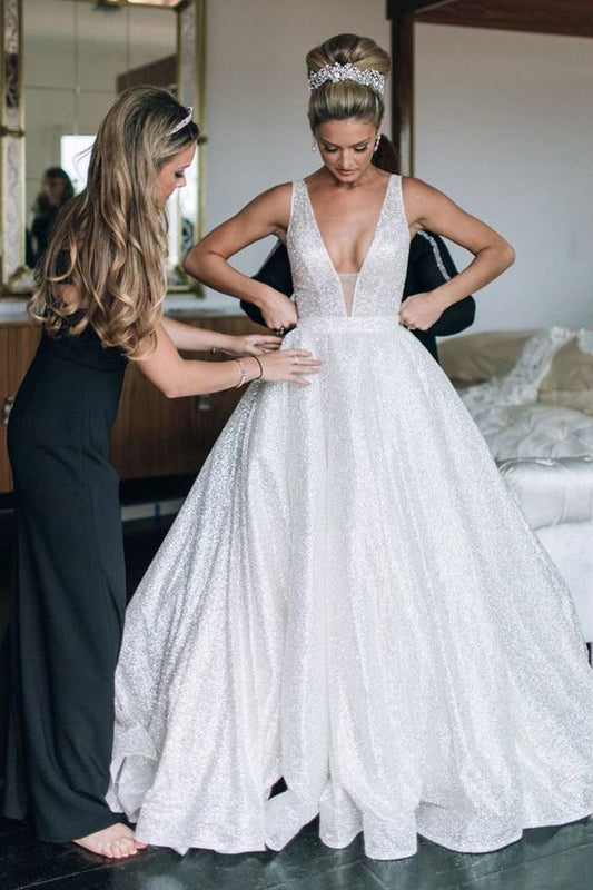 Sparkling Tulle V-Neck Court Train Ball Gown Wedding Dress Prom Dresses    cg14476