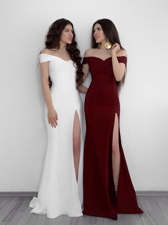 A Line Off Shoulder White/Burgundy Prom Dresses, Off Shoulder White/Burgundy Formal Graduation Dresses  cg1449