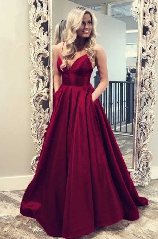 Spaghetti Straps V Neck Long Prom Dress With Pockets   cg14492