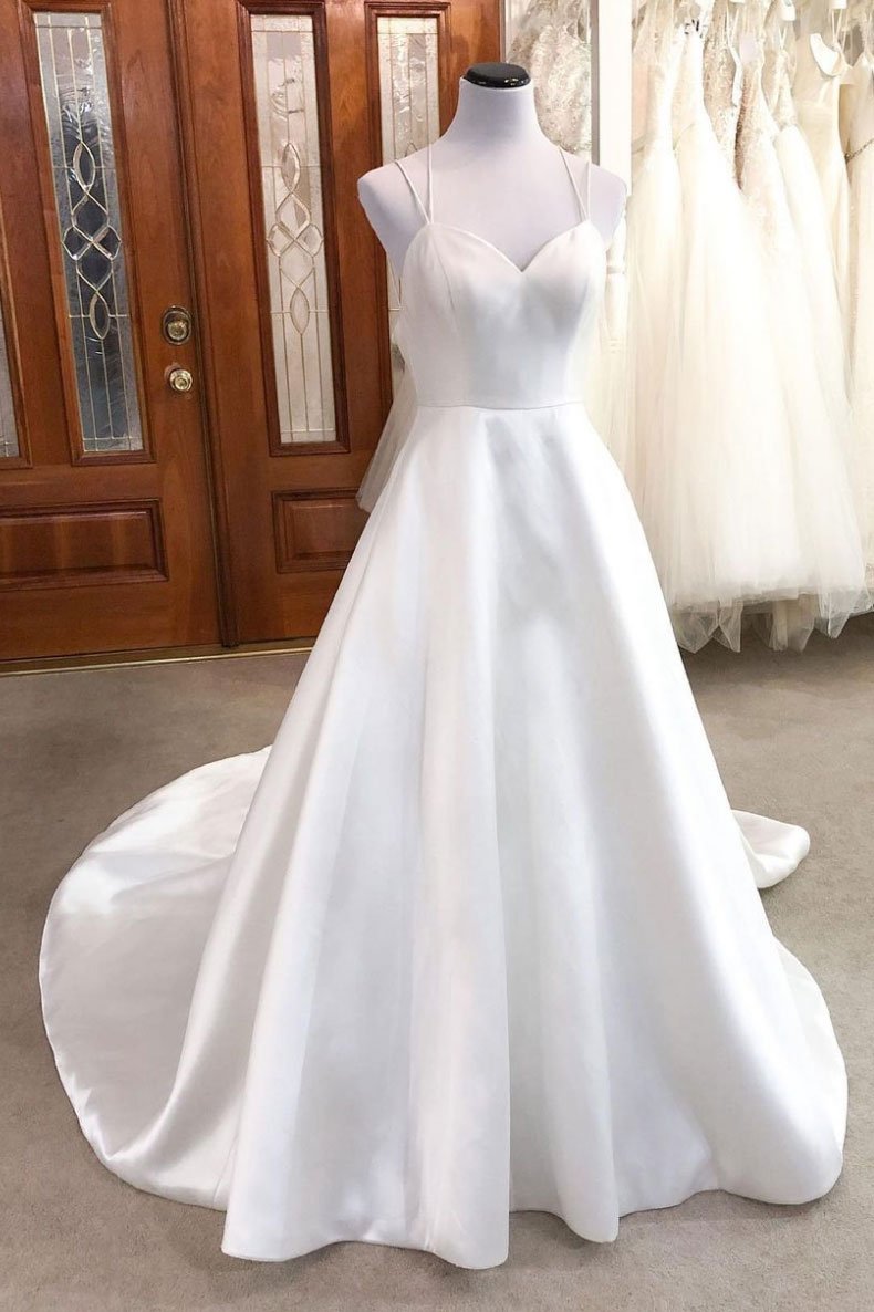 long prom dress Simple white v neck satin long wedding dress white bridal dress    cg14526