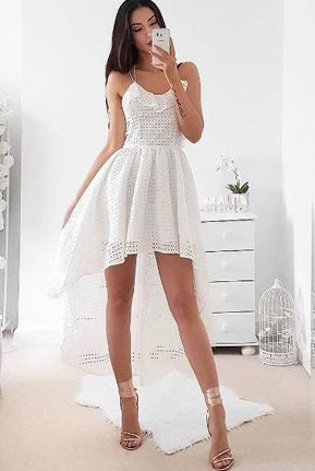 Modern A-Line Spaghetti Straps Criss Cross White High Low Homecoming Dress With Pleats cg1453