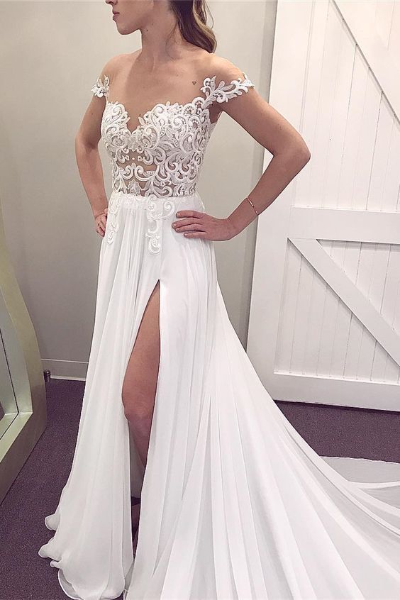 A-Line Round Neck Cap Sleeves Prom Dress With Appliques   cg14532