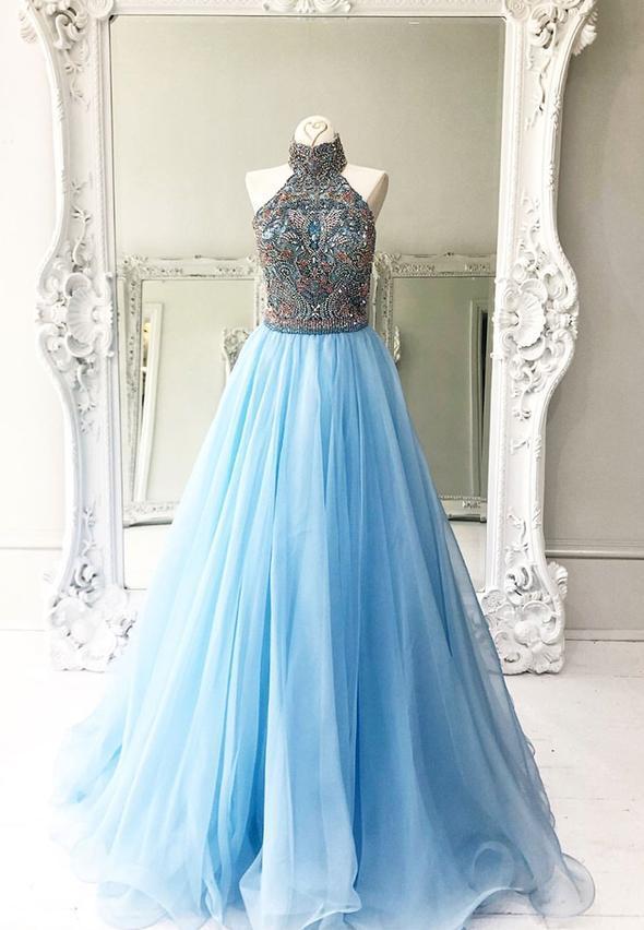 Elegant blue chiffon beads long prom dress  cg14539