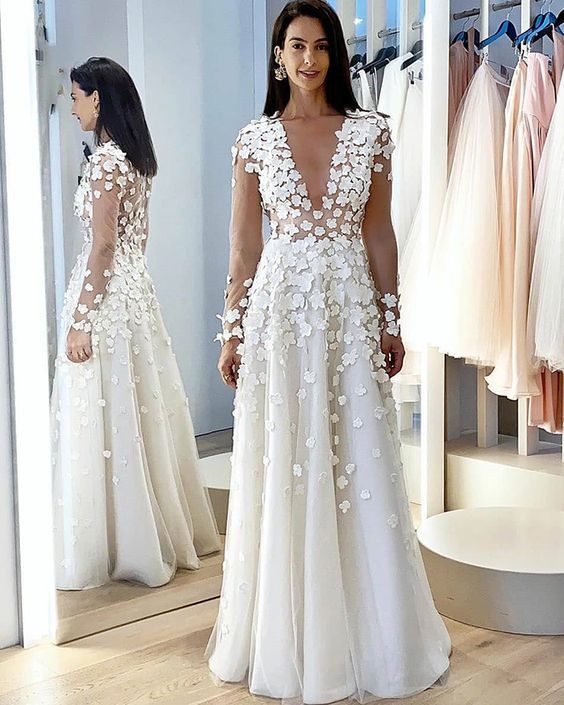 Jewel Neck White Long Sleeve A-line Prom Dress   cg14551