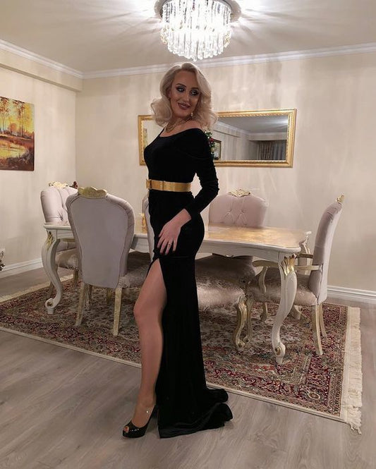 Black Velvet Long Prom Dress Scoop Neck Long Sleeves High Split Formal Evening Dresses   cg14554