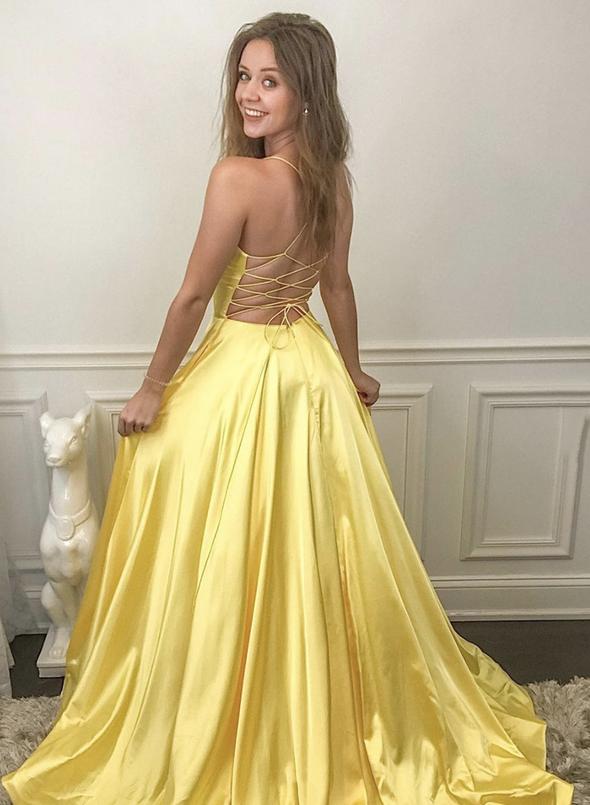 Yellow satin long prom dress simple evening dress   cg14561
