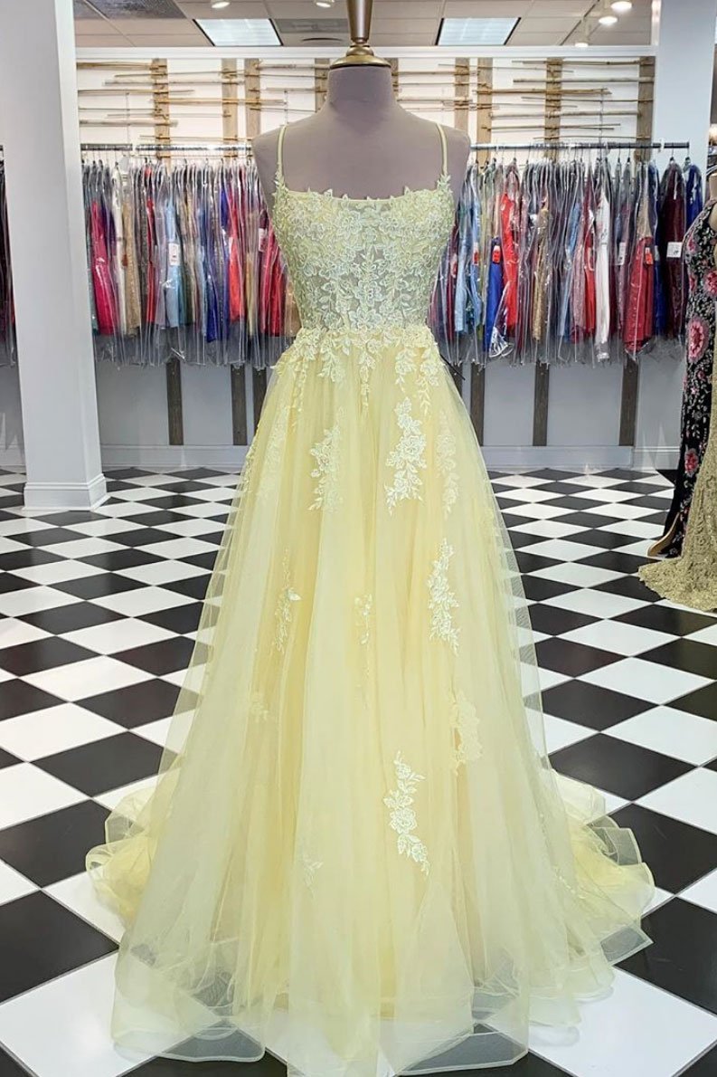Yellow tulle lace long prom dress yellow lace formal dress   cg14565
