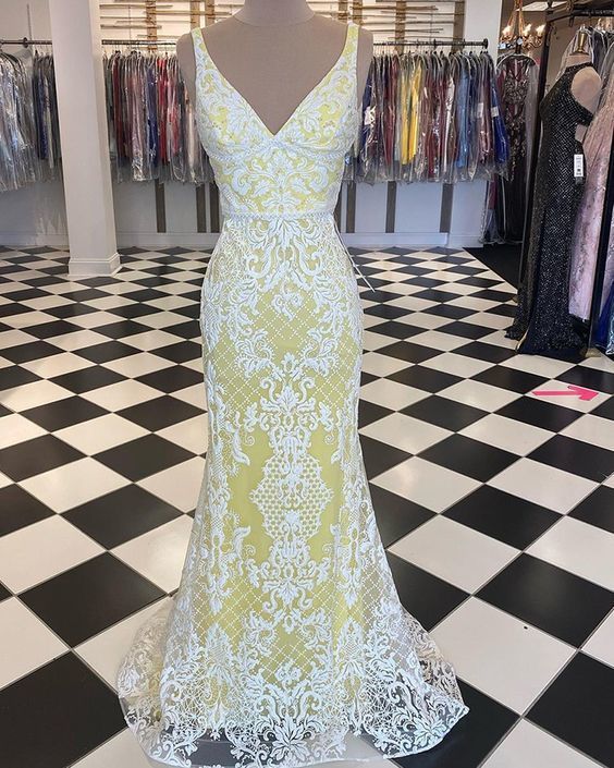 V-neck White & Yellow Lace Mermaid Prom Dress   cg13576