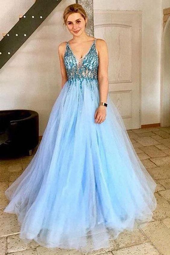 A-Line V-Neck Tulle Prom Dress with Sequins, Light Sky Blue Sparkly Party Dresses   cg14609