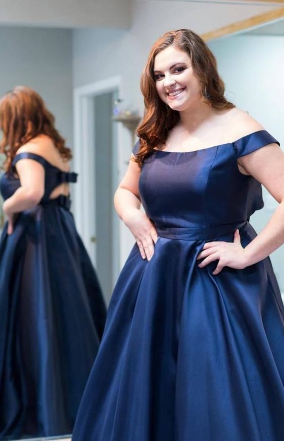 Plus Size Off Shoulder Navy Blue Long Prom Dress   cg14616