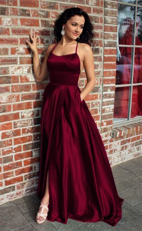 burgundy prom dresses long satin split gown    cg14622