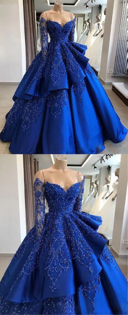 Delicate Sparkly Beading Ball Gown Satin Royal Blue Prom Dress with Sleeves Quinceanera Dress   cg14627