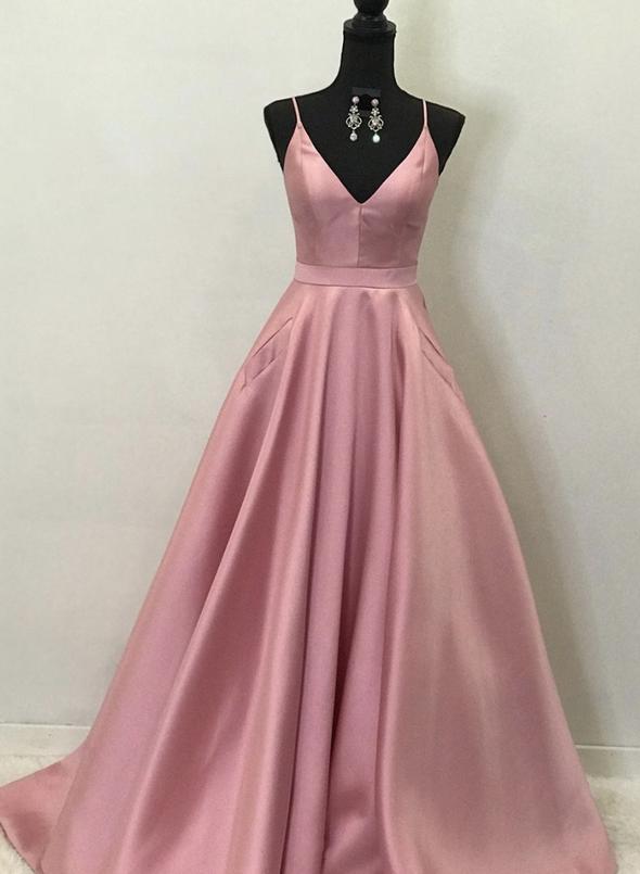 Pink v neck satin long prom dress pink evening dress   cg14637