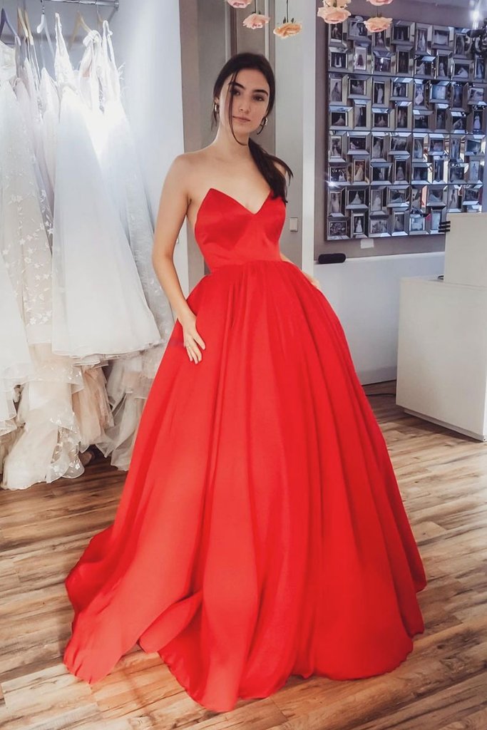 SIMPLE RED SATIN LONG PROM DRESS RED EVENING DRESS   cg14639